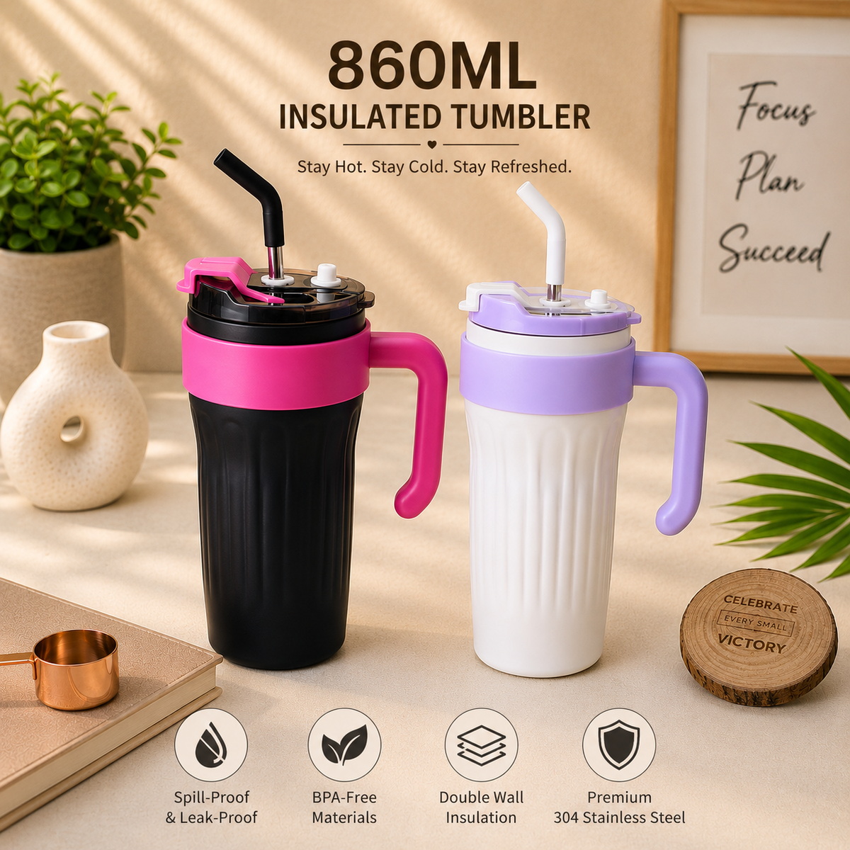 860ml straw tumbler | Insualted Tumbler | With Handle | kiidzkornerz