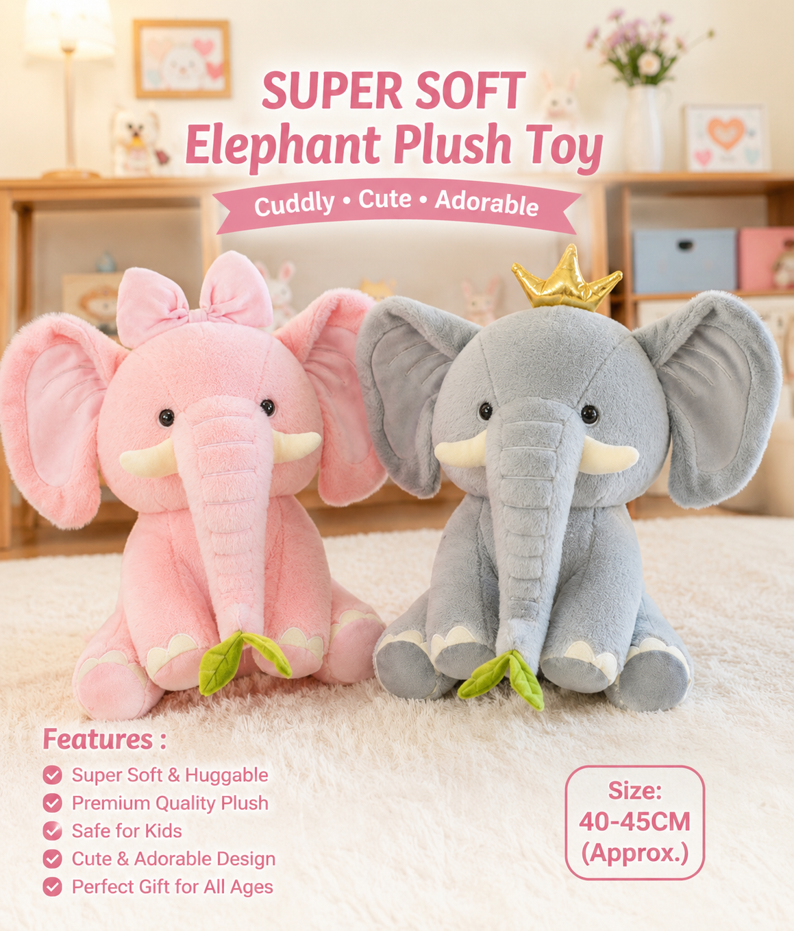 Elephant Plush Toy | 40-45cm|imported quality|premium quality|cute|kiidzkornerz