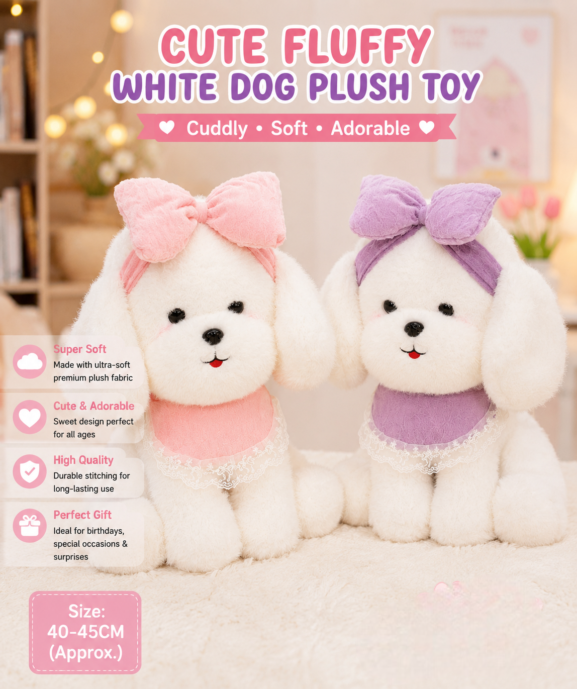 White fluffy plush toy|40-45cm|imported quality|premium quality|cute style|refillable|kiidzkornerz