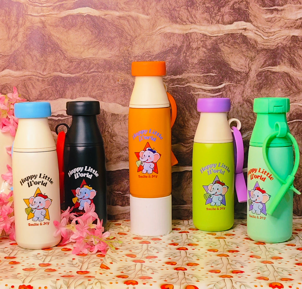 Set of colorful water bottles with cartoon character design on a floral tablecloth.