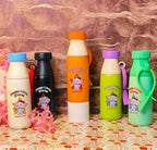 Set of colorful water bottles with cartoon character design on a floral tablecloth.