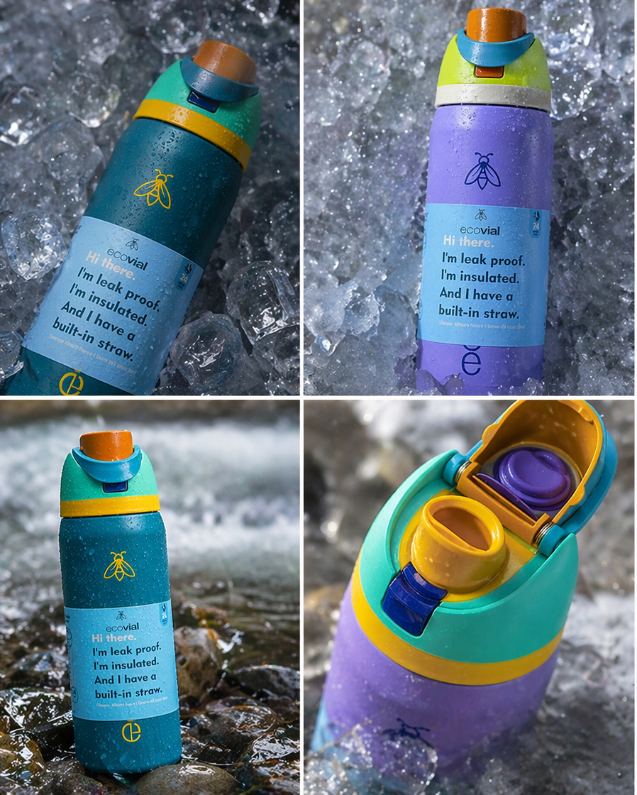 Collage of two colorful water bottles with ice and water background