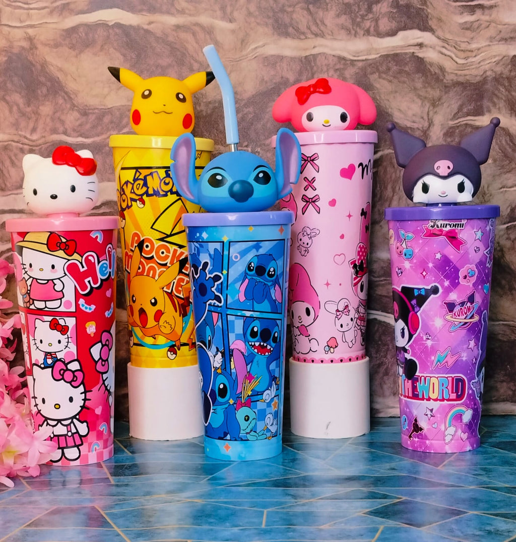 Set of colorful tumblers with cartoon character designs on a tiled floor.