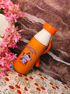 Orange thermos with cartoon design on a floral and marble background