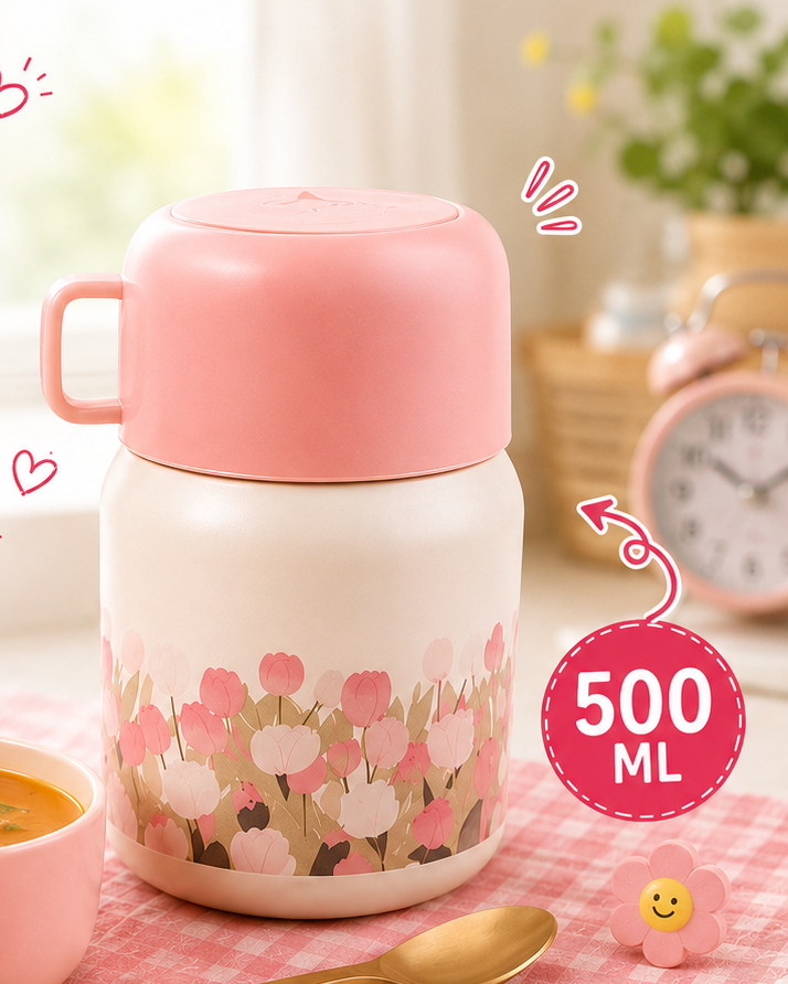 Pink meal stainless steel food  jar with floral design and a matching cup filled with soup, on a checkered tablecloth.