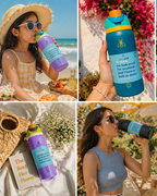 Collage of a woman drinking from a colorful water bottle on a beach, with close-ups of the bottle and text.