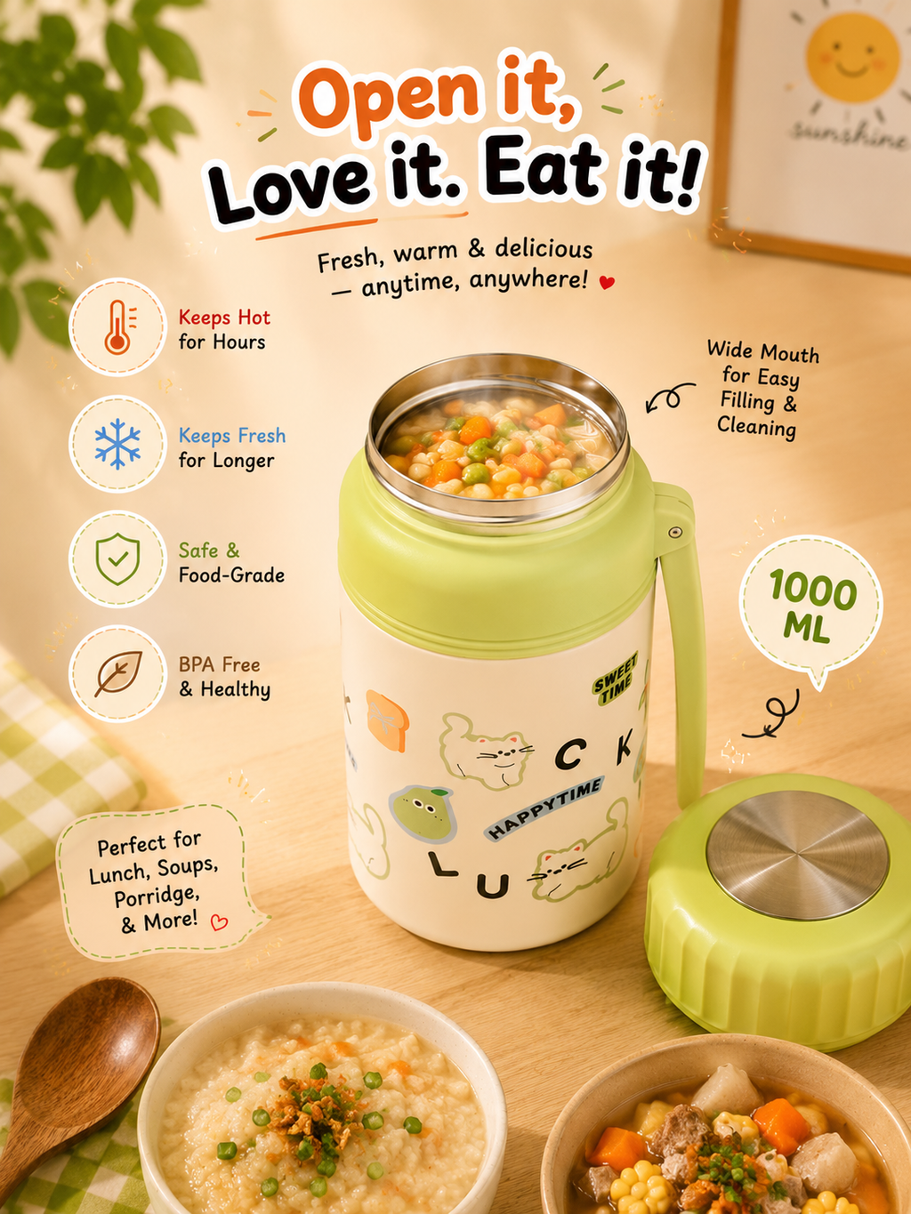 1000Ml Food Jars|Insulated|Stainless steel|Spillproof|With strainer|kiidzkornerz