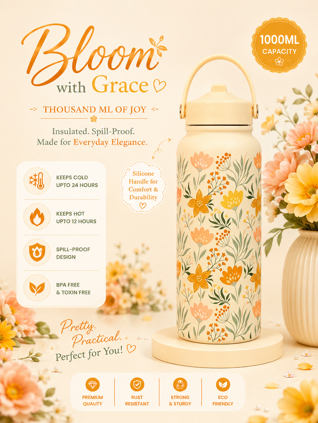 1000ml floral bottles ✨|Insulated|Stainless steel|Leakproof|Sipper|kiidzkornerz