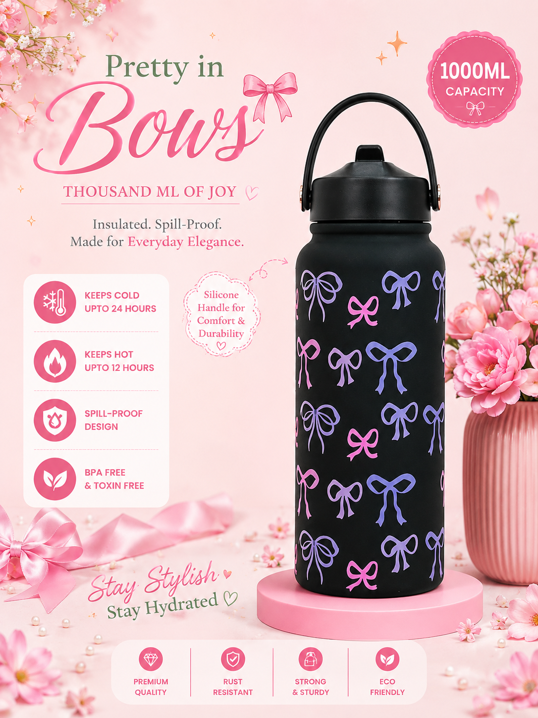 1000ml floral bottles ✨|Insulated|Stainless steel|Leakproof|Sipper|kiidzkornerz
