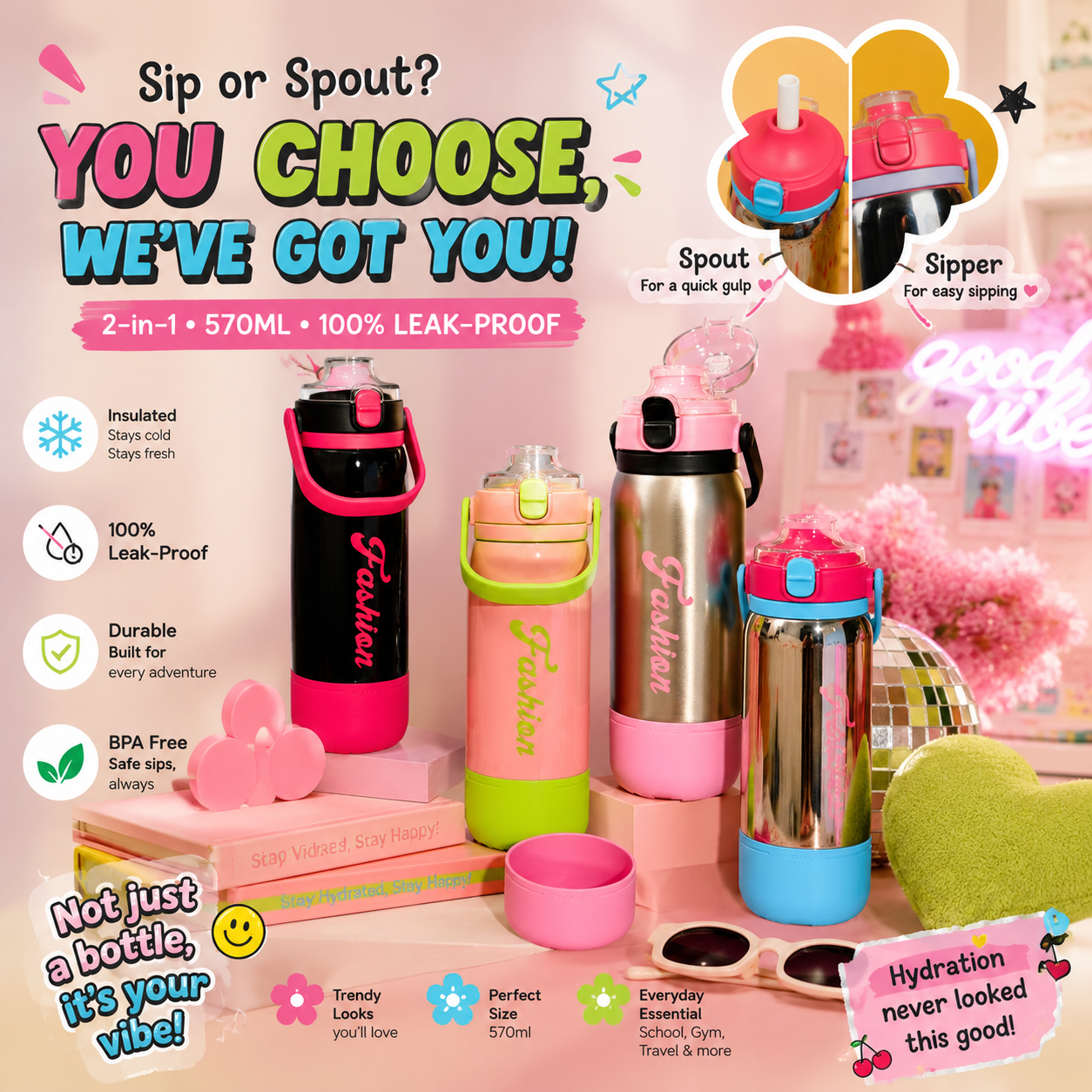 Fashion bottles|570ml|Insulated|100%leak proof|With a cup|2dual sip|kiidzkornerz