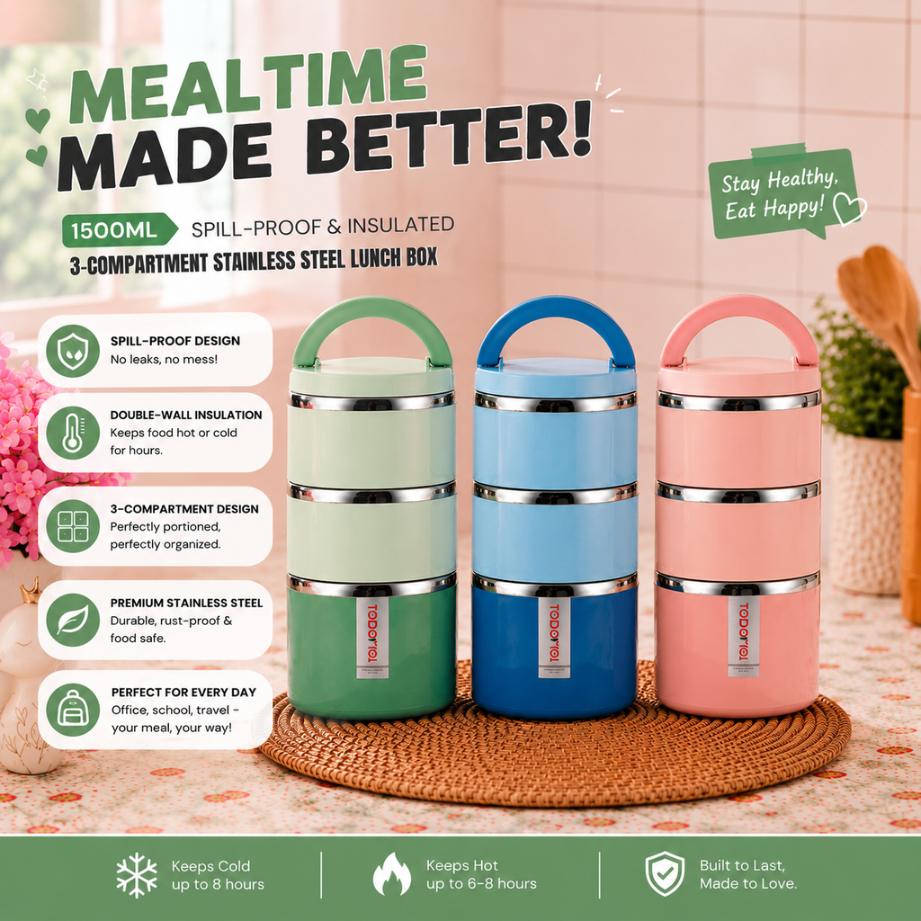 TRIPLE BENTO LUXE ✨|WITH HANDLE 1500ml |INSULATED |SPILL PROOF| TRIPLE COMPARTMENT