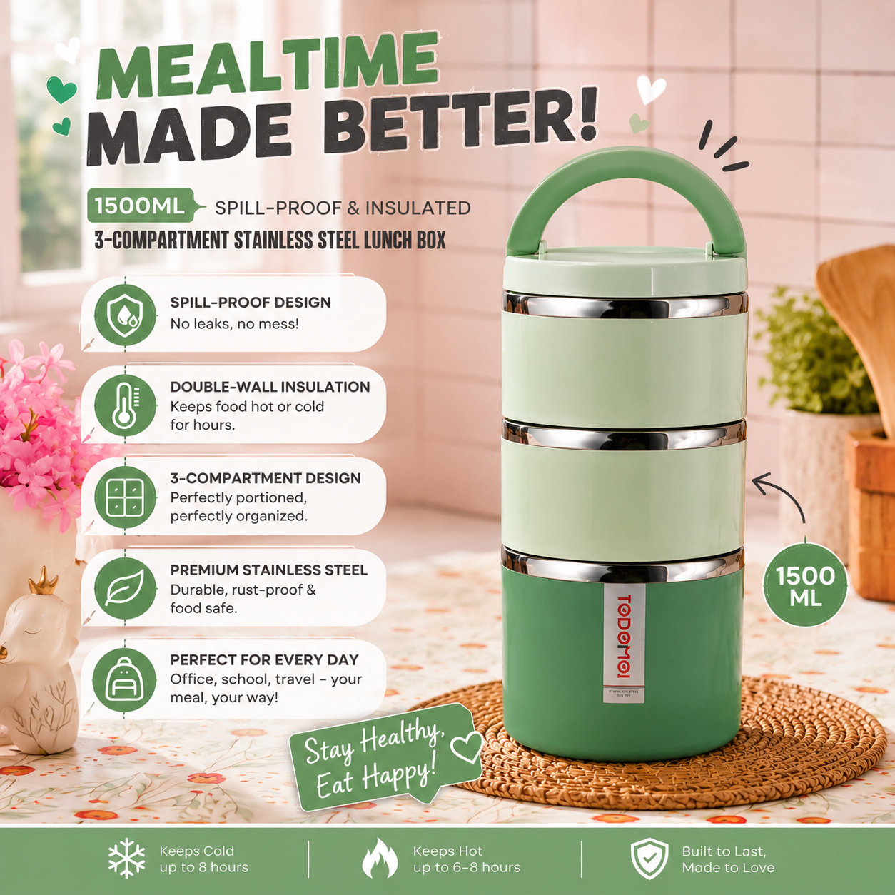 TRIPLE BENTO LUXE ✨|WITH HANDLE 1500ml |INSULATED |SPILL PROOF| TRIPLE COMPARTMENT