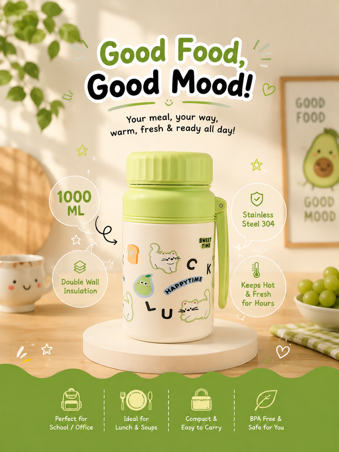 1000Ml Food Jars|Insulated|Stainless steel|Spillproof|With strainer|kiidzkornerz