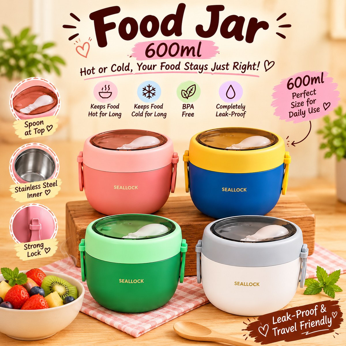 600ml Seal lock food jar | Spoon on top|Airtight| with handle | Stainless steel|Leakproof|kiidzkornerz