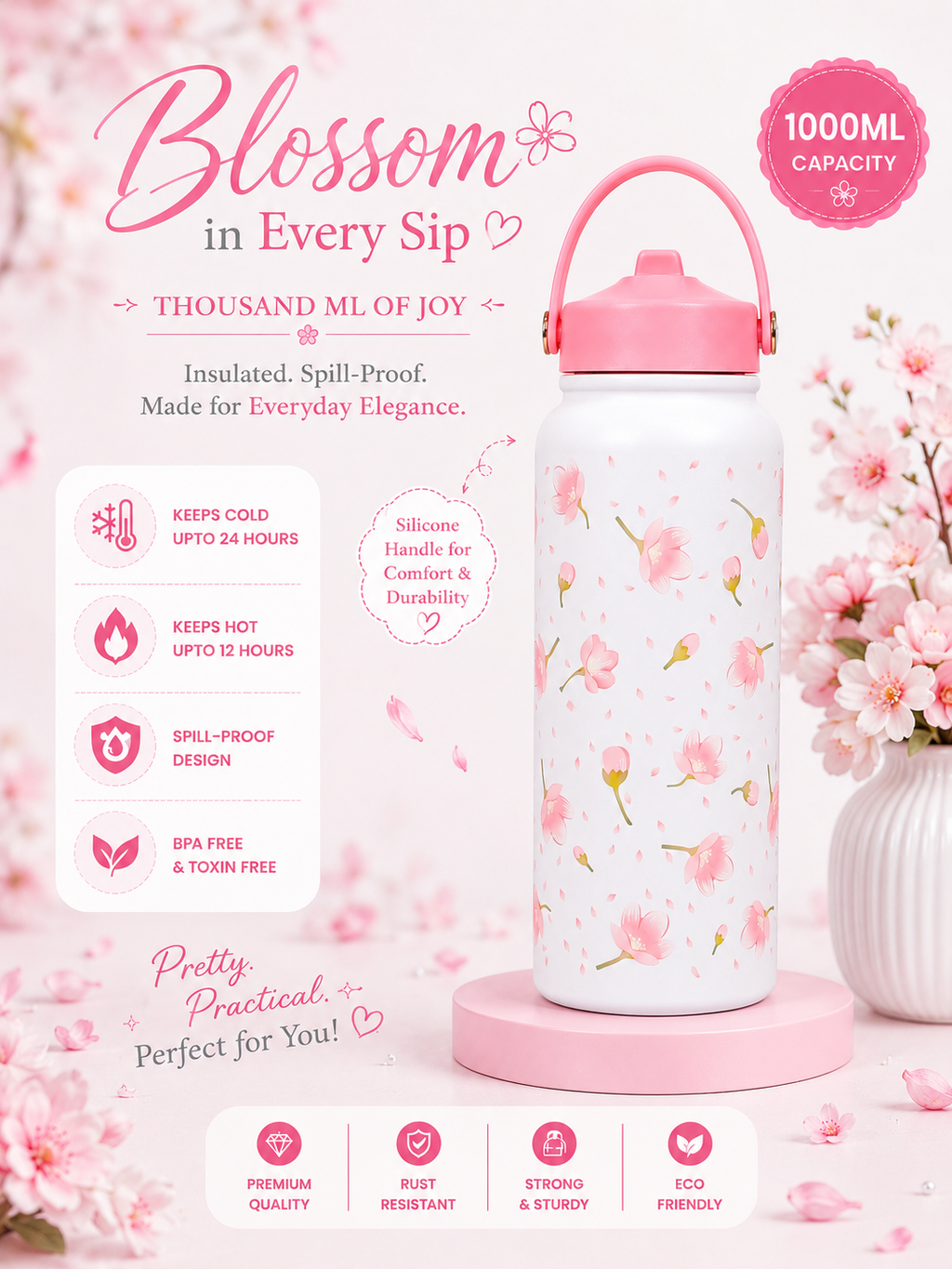 1000ml floral bottles ✨|Insulated|Stainless steel|Leakproof|Sipper|kiidzkornerz