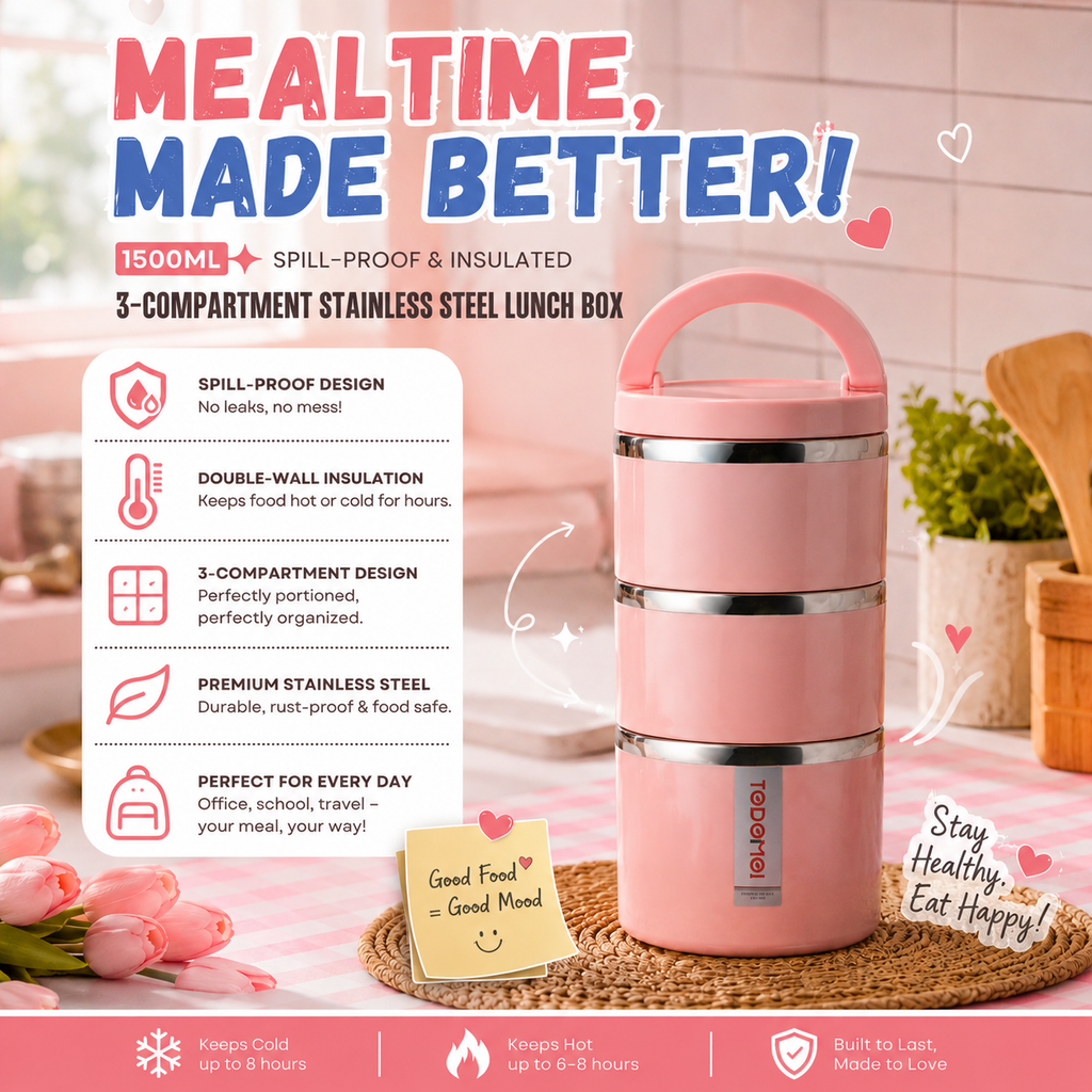 TRIPLE BENTO LUXE ✨|WITH HANDLE 1500ml |INSULATED |SPILL PROOF| TRIPLE COMPARTMENT