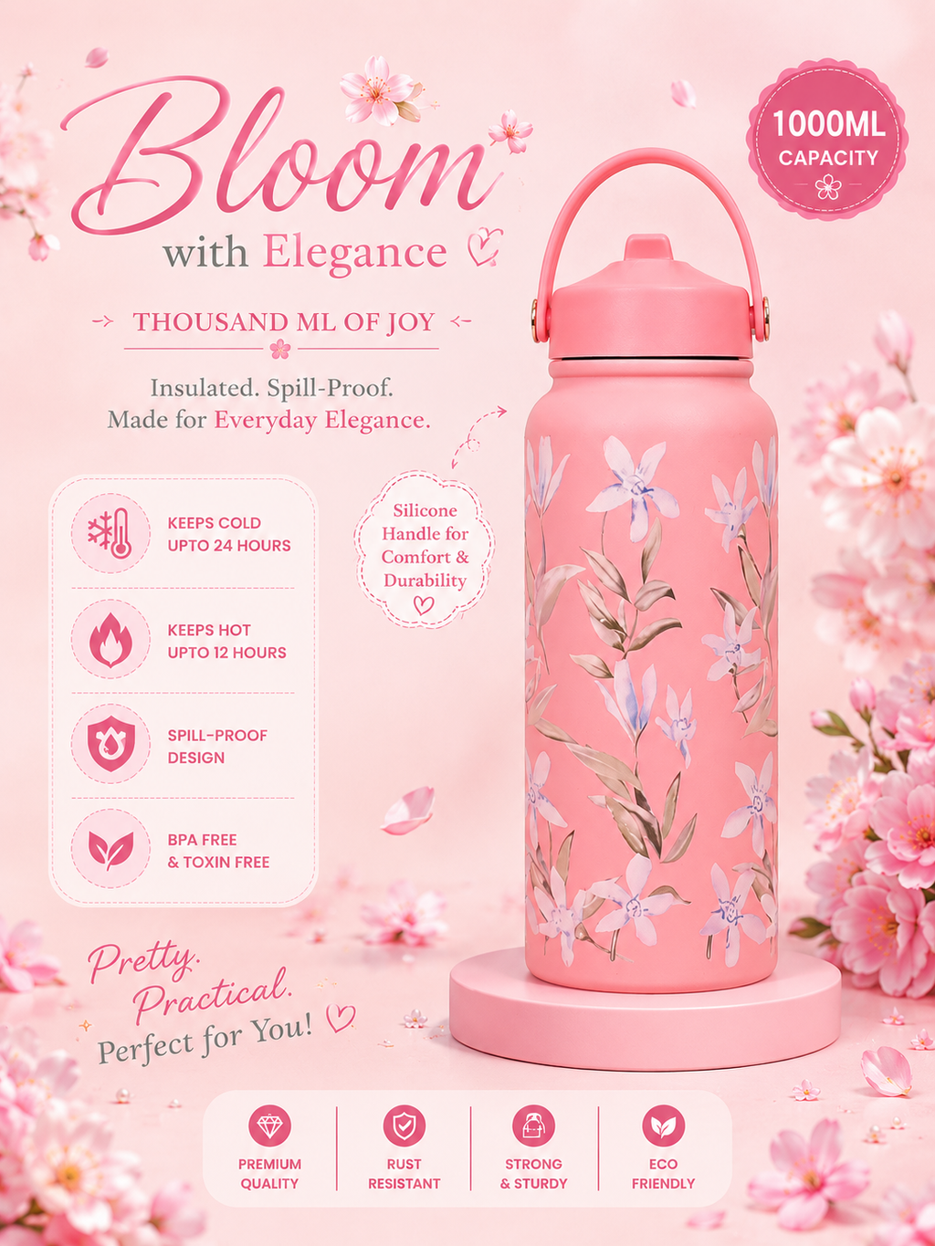 1000ml floral bottles ✨|Insulated|Stainless steel|Leakproof|Sipper|kiidzkornerz