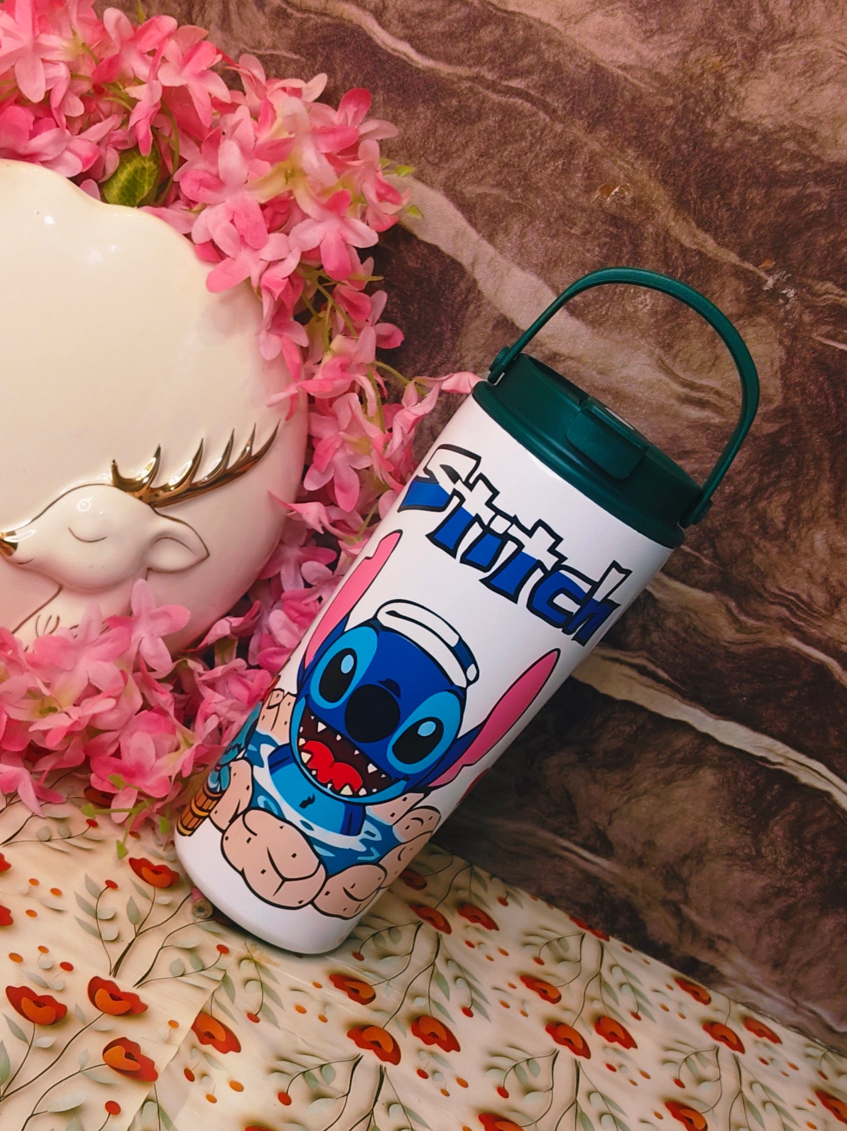 Cartoon character tumbler with floral and decorative background